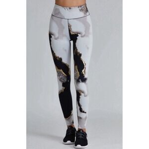 Noli Yoga Medium High Waisted Black White Metallic Gold Geode Marble Leggings
